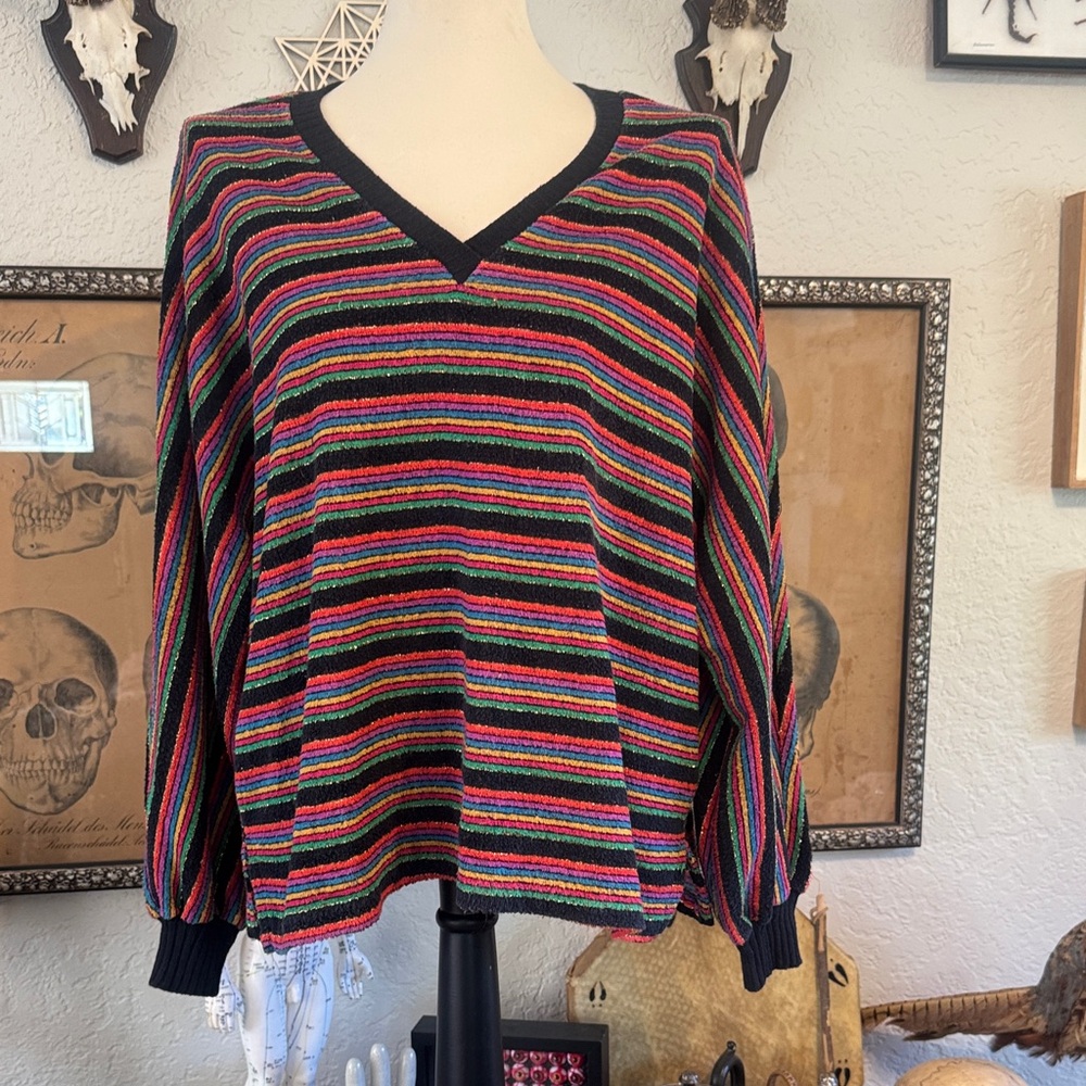 Authentic 1980's vintage Multicolor Striped V-Neck Sweater